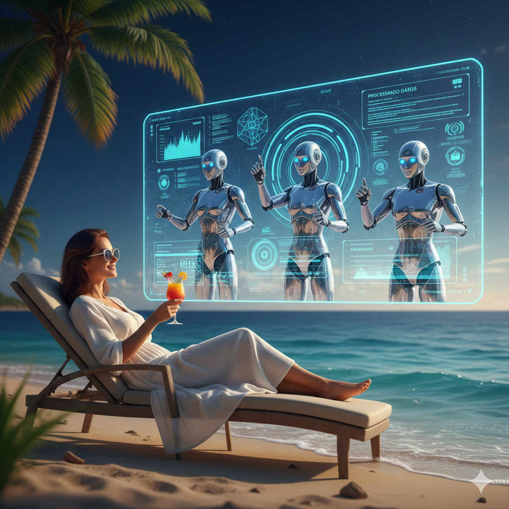 Pessoa de férias enquanto robôs trabalham